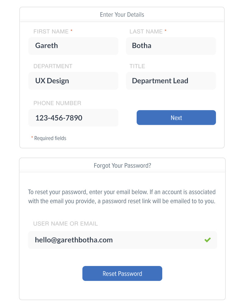 Account settings components for a UX design project
