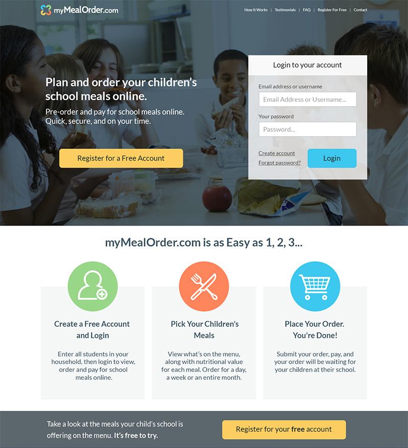 A landing page for a school meal purchasing app