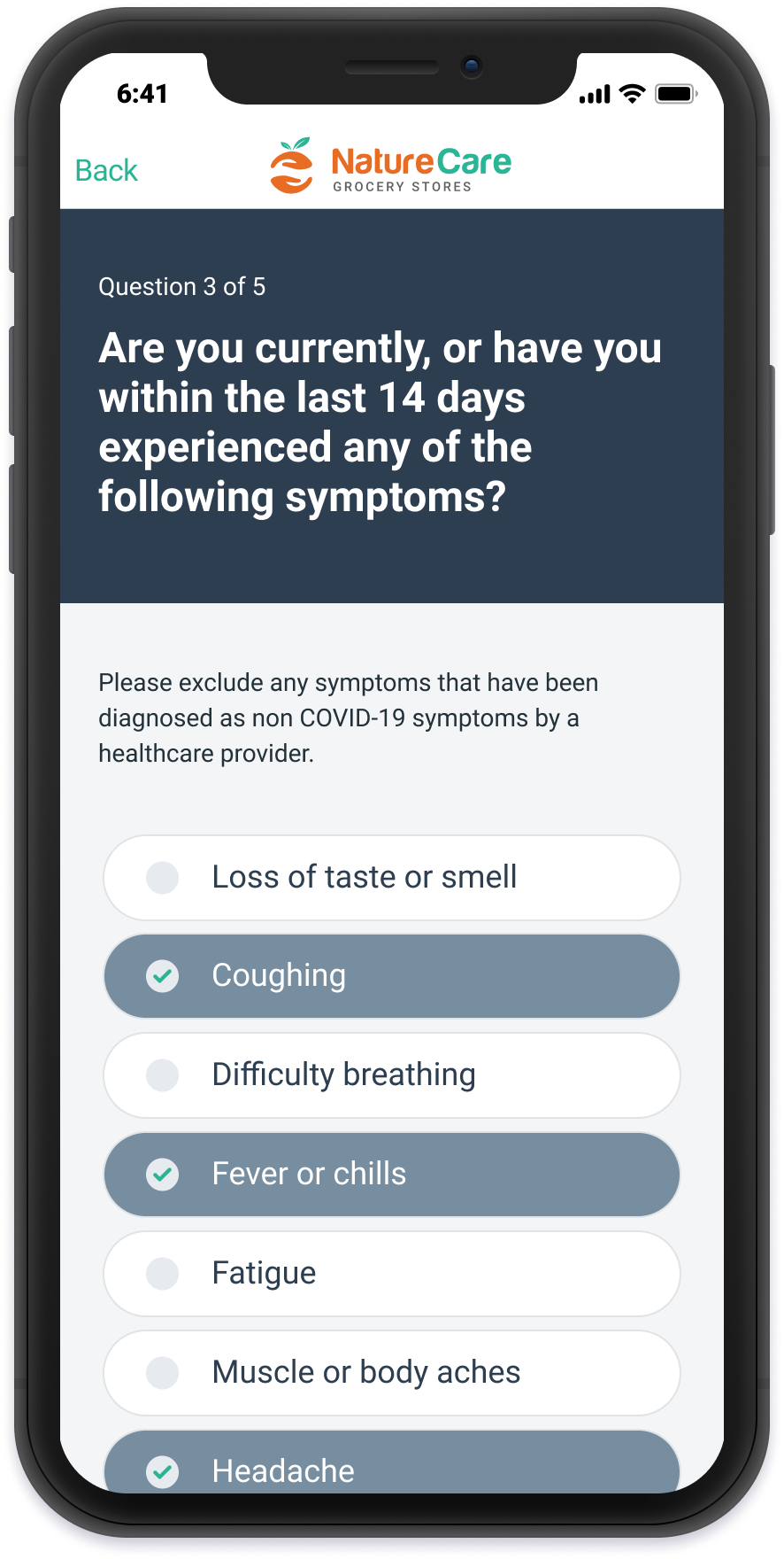 COVID-19 risk monitoring symptom question